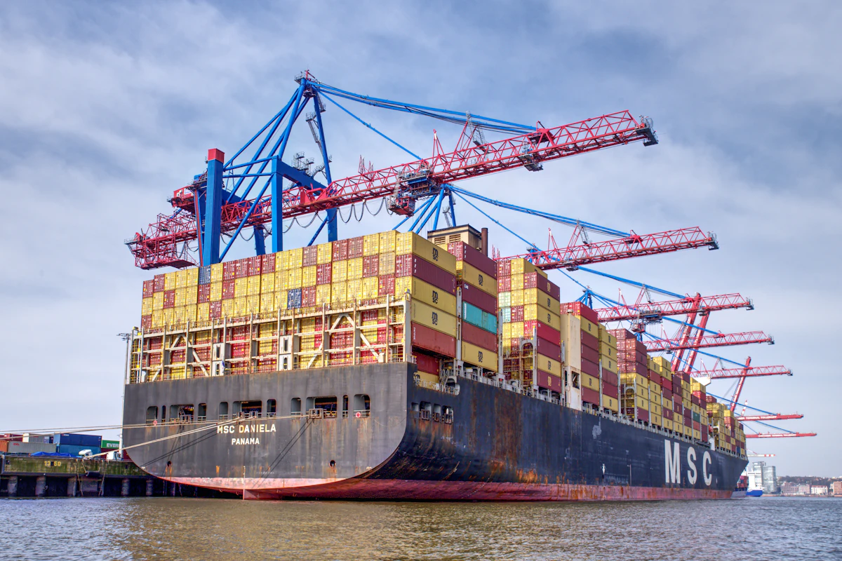 Container ship loaded at port, ready for global shipment